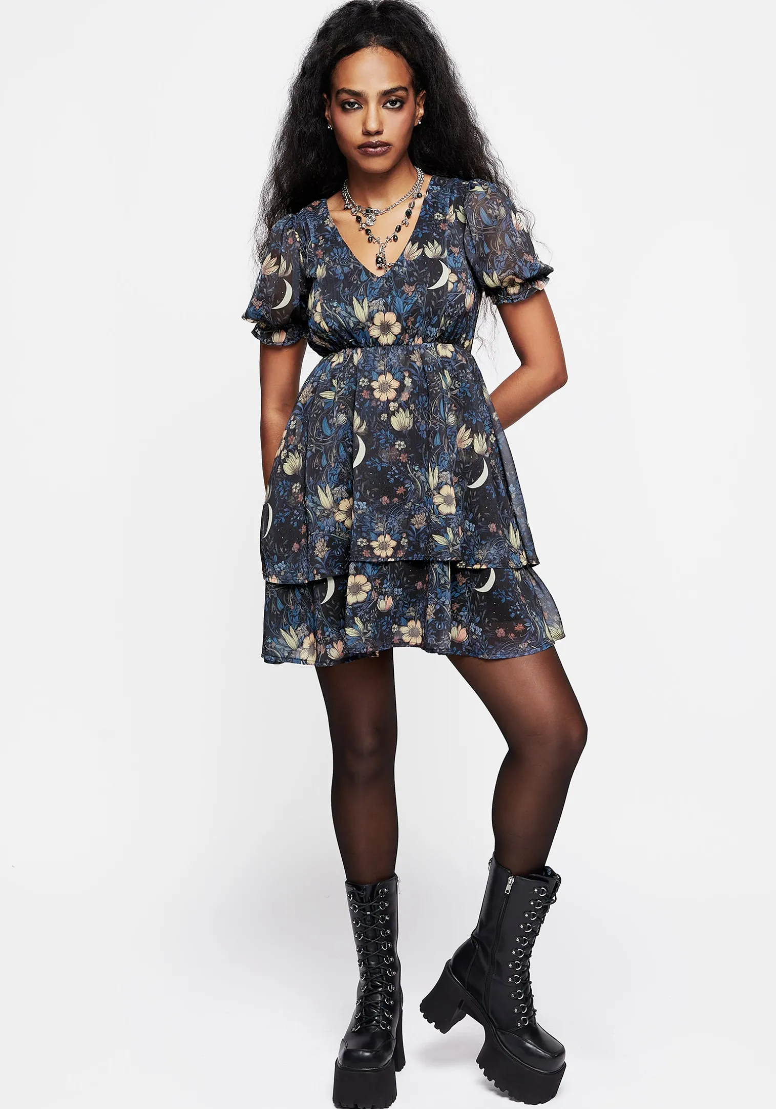 Primrose Floral Chiffon Puff Sleeve Layered Mini Dress