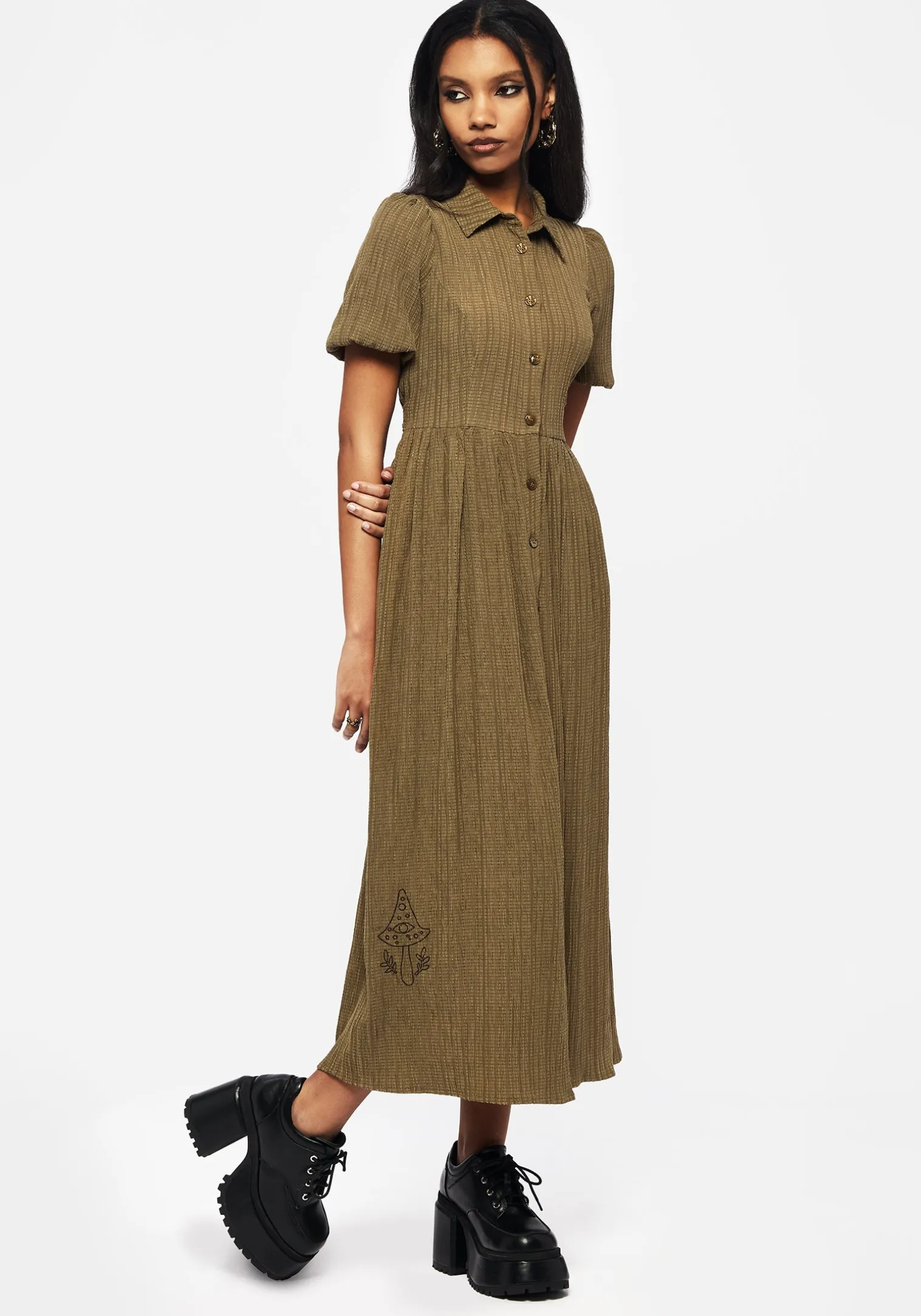 Ramaria Embroidered Puff Sleeve Button Up Midaxi Shirt Dress
