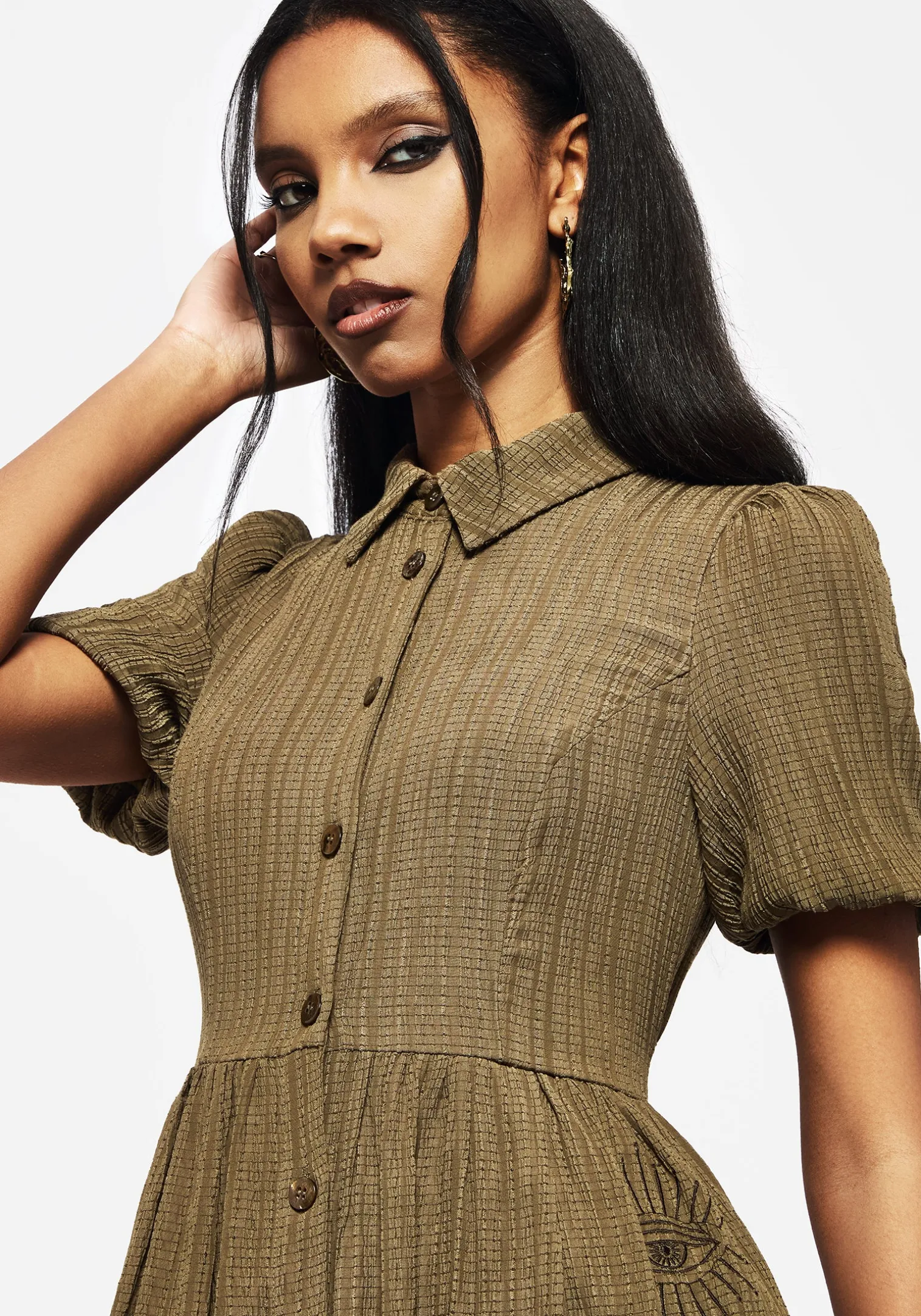 Ramaria Embroidered Puff Sleeve Button Up Midaxi Shirt Dress
