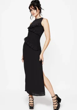 Reflections Black Frill Detail Sleeveless Maxi Dress