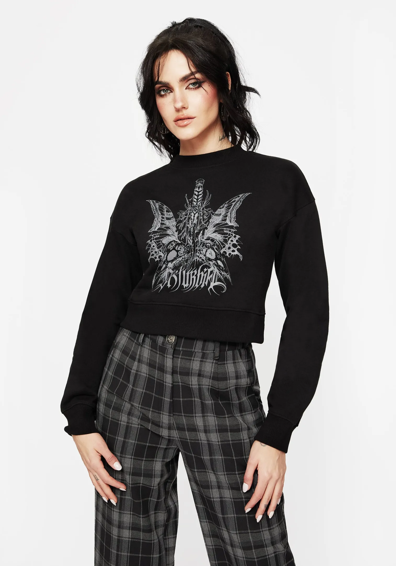 Requiem Graphic Print Crew Neck Crop Sweatshirt