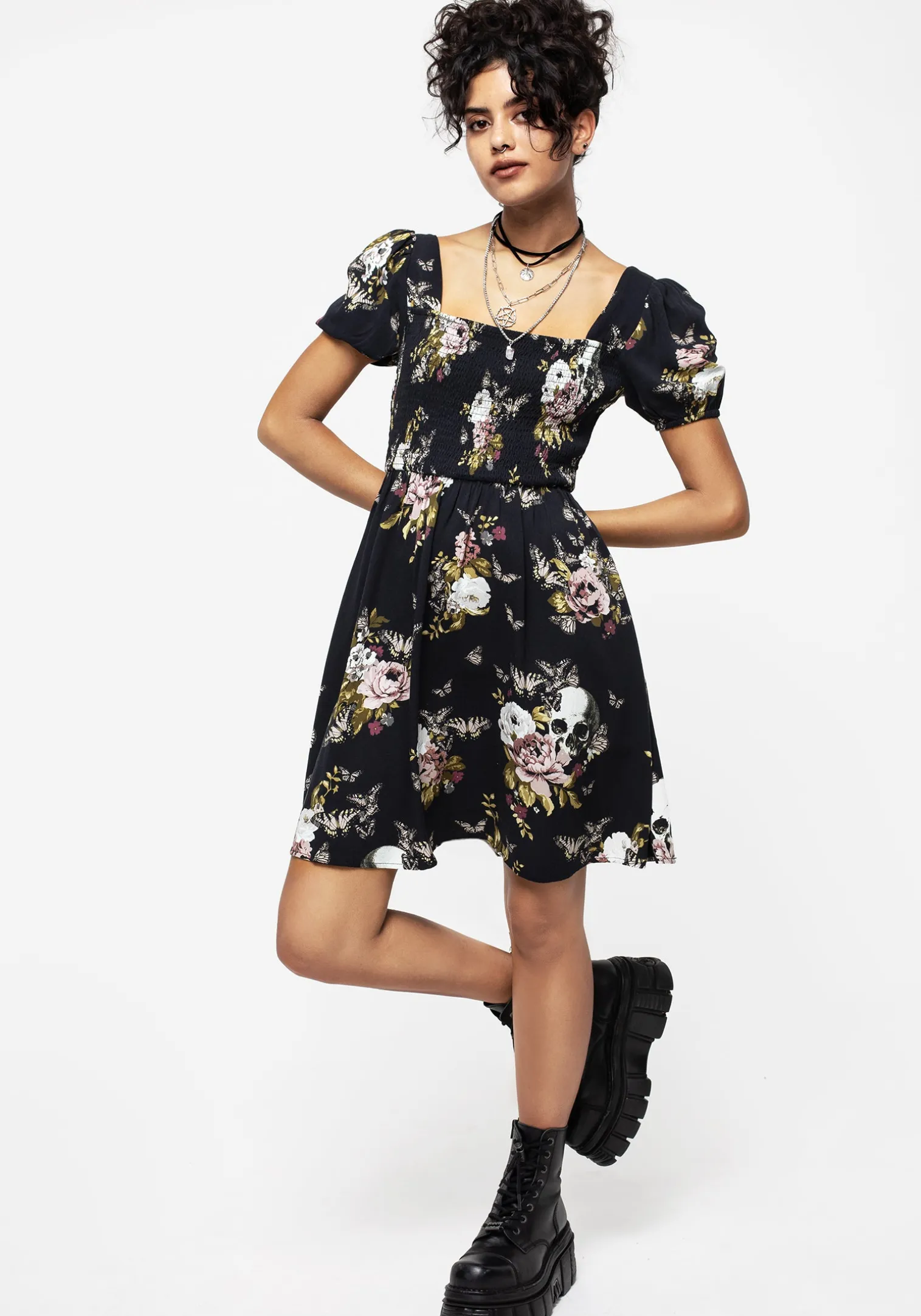 Revival Floral Puff Sleeve Shirred Mini Dress