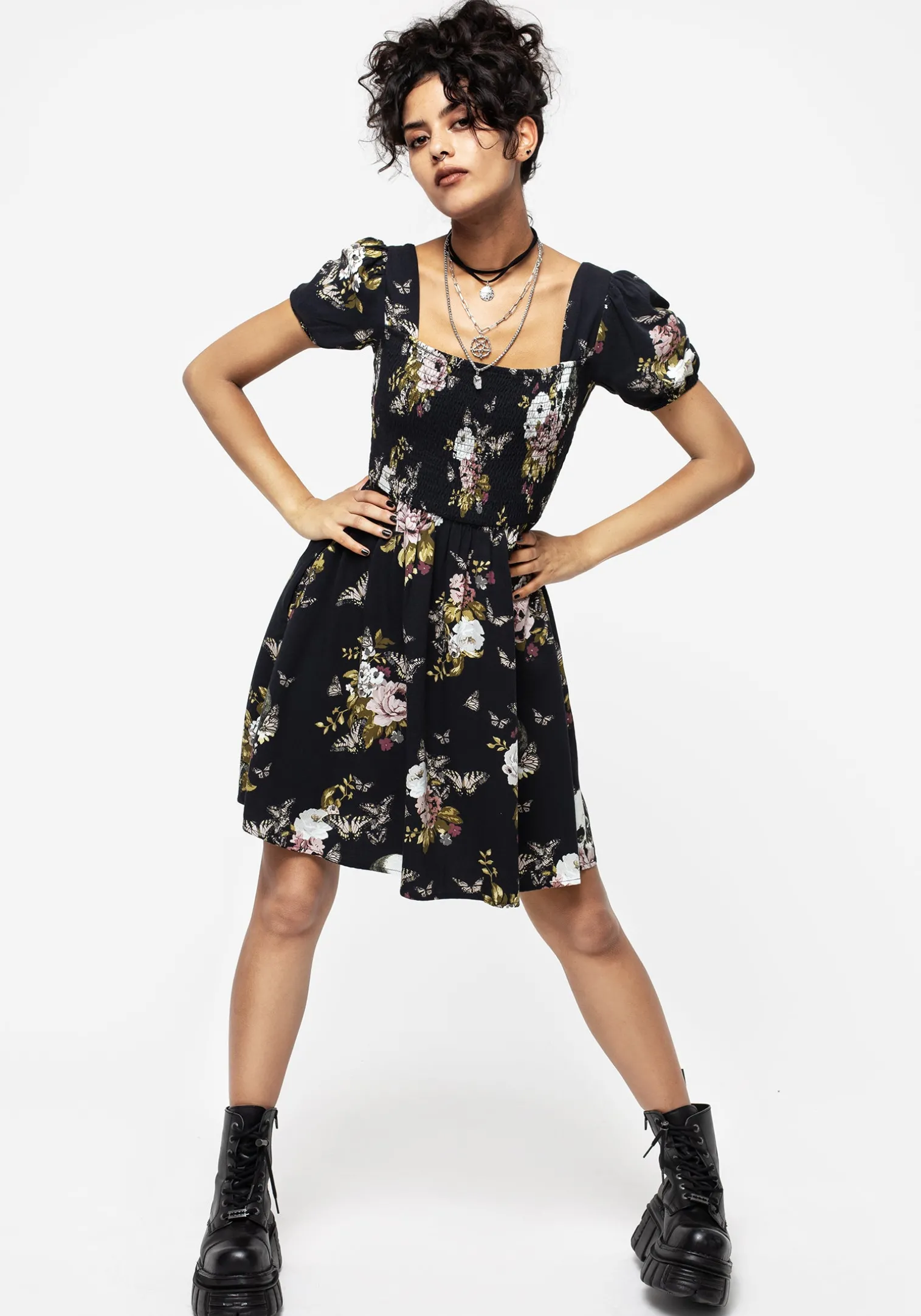Revival Floral Puff Sleeve Shirred Mini Dress