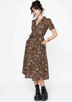 Rhea Cotton Blend Moth and Moon Print Midi Shirt Dress