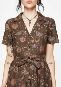 Rhea Cotton Blend Moth and Moon Print Midi Shirt Dress