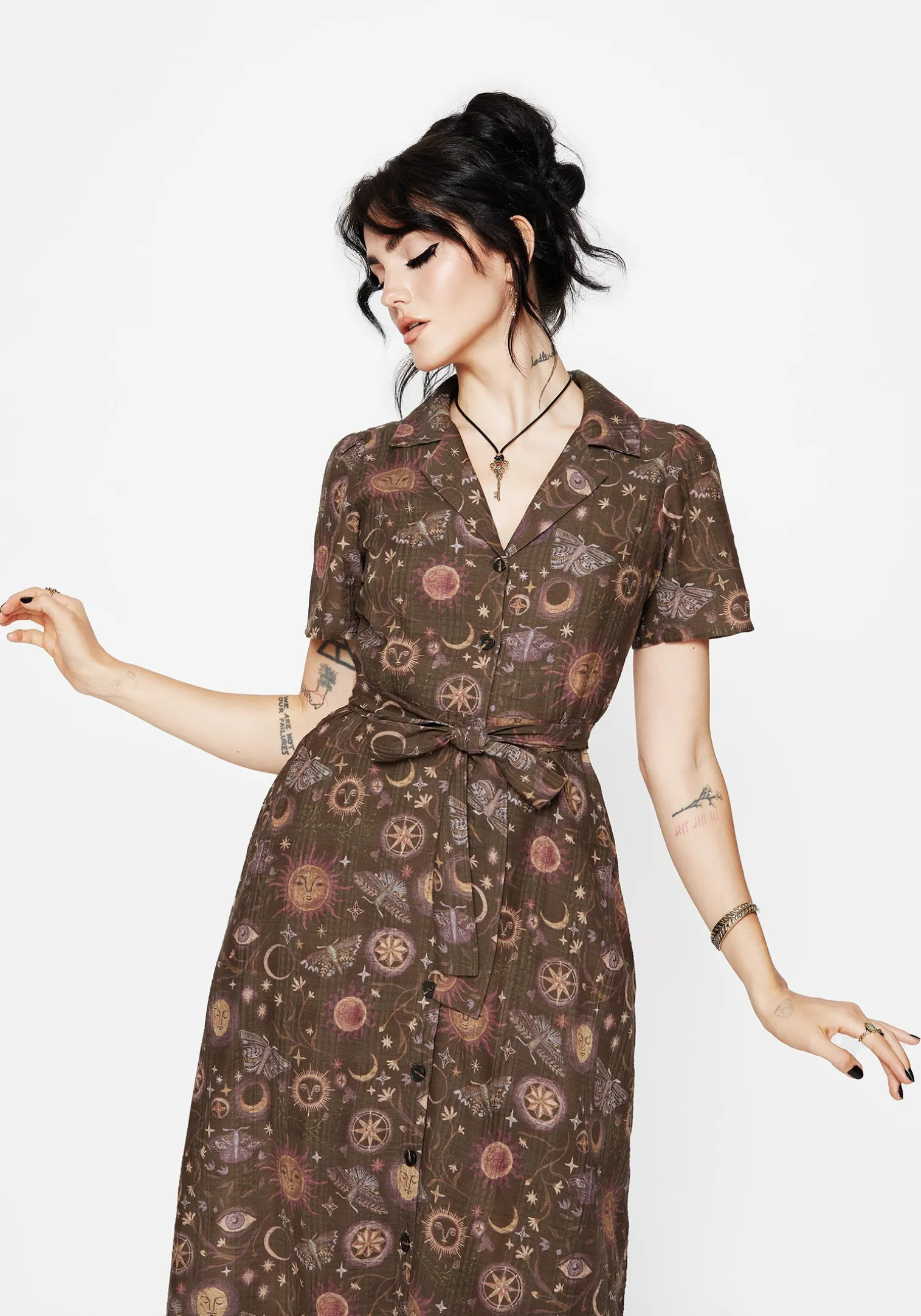 Rhea Cotton Blend Moth and Moon Print Midi Shirt Dress