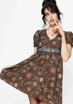 Rhea Cotton Blend Moth and Moon Print Mini Smock Dress