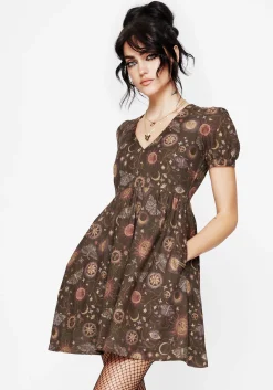 Rhea Cotton Blend Moth and Moon Print Mini Smock Dress