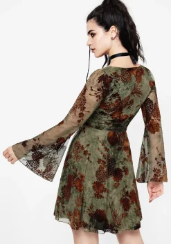 Rosaleigh Flock Velour Mesh Flare Sleeve Mini Dress