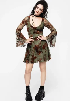 Rosaleigh Flock Velour Mesh Flare Sleeve Mini Dress
