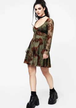 Rosaleigh Flock Velour Mesh Flare Sleeve Mini Dress
