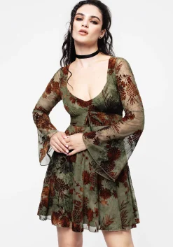 Rosaleigh Flock Velour Mesh Flare Sleeve Mini Dress
