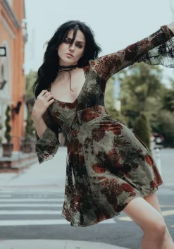 Rosaleigh Flock Velour Mesh Flare Sleeve Mini Dress