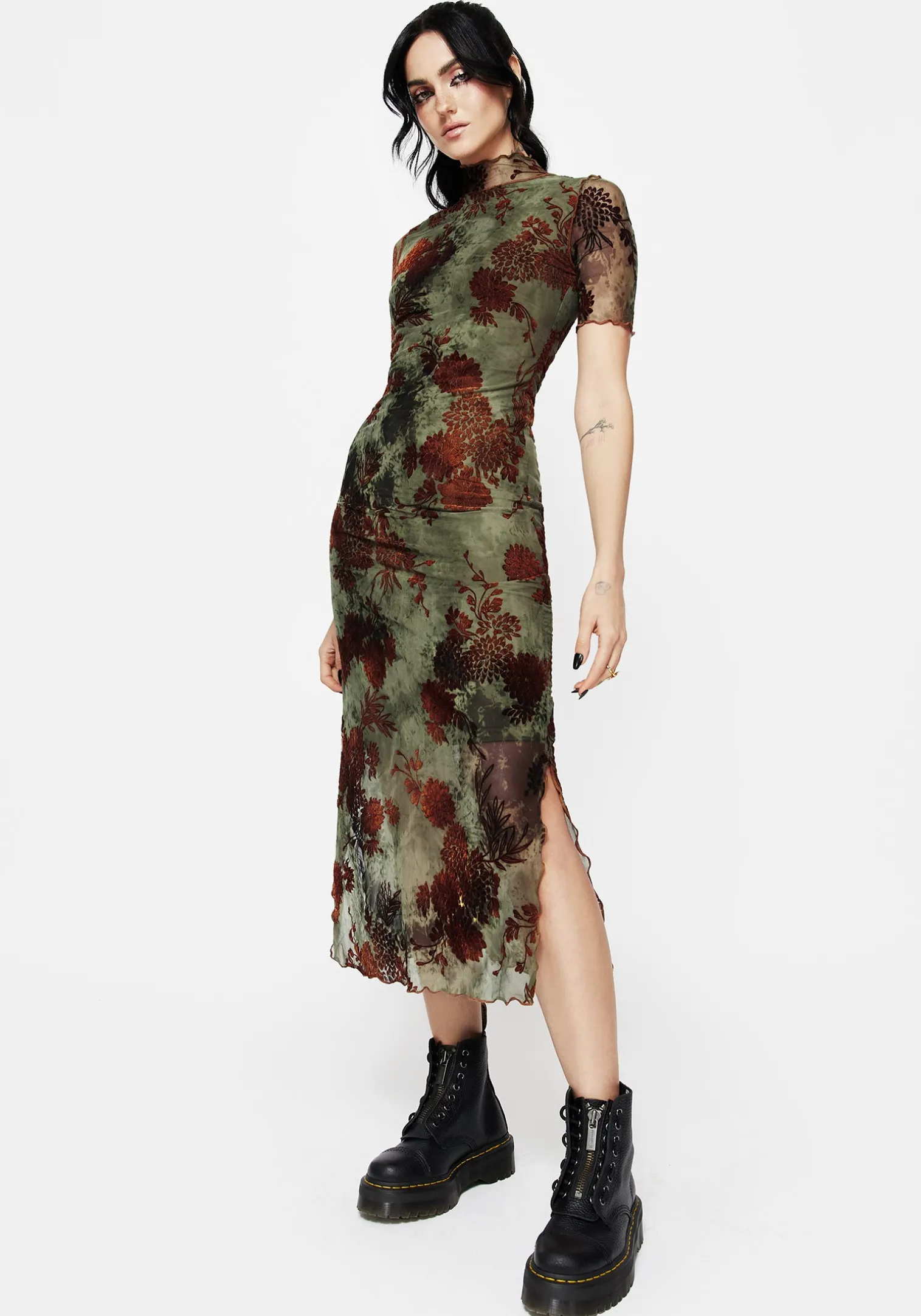 Rosaleigh Flock Velour Mesh Short Sleeved Midaxi Dress