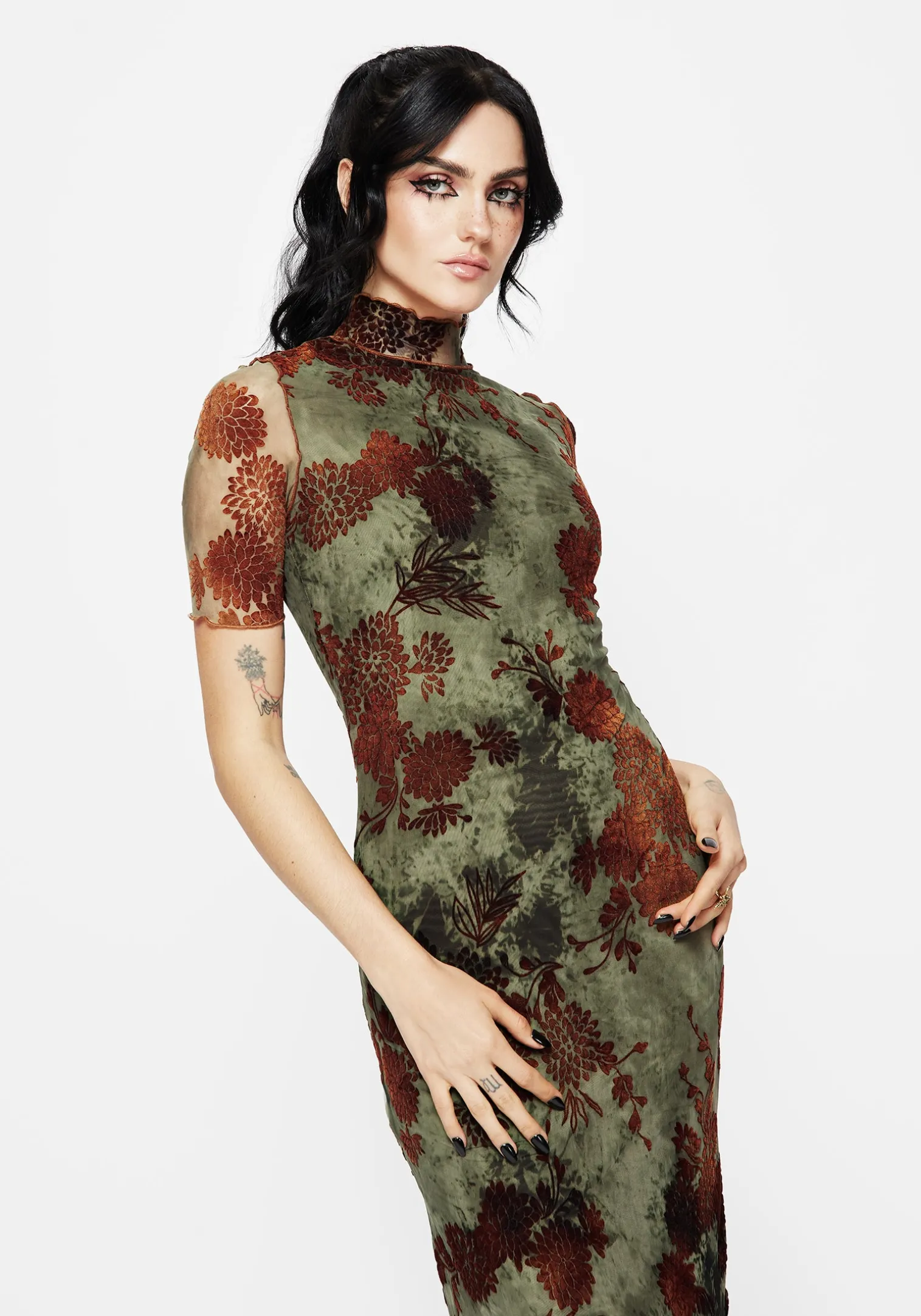 Rosaleigh Flock Velour Mesh Short Sleeved Midaxi Dress