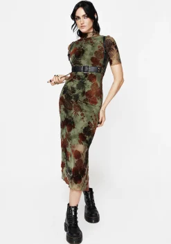 Rosaleigh Flock Velour Mesh Short Sleeved Midaxi Dress
