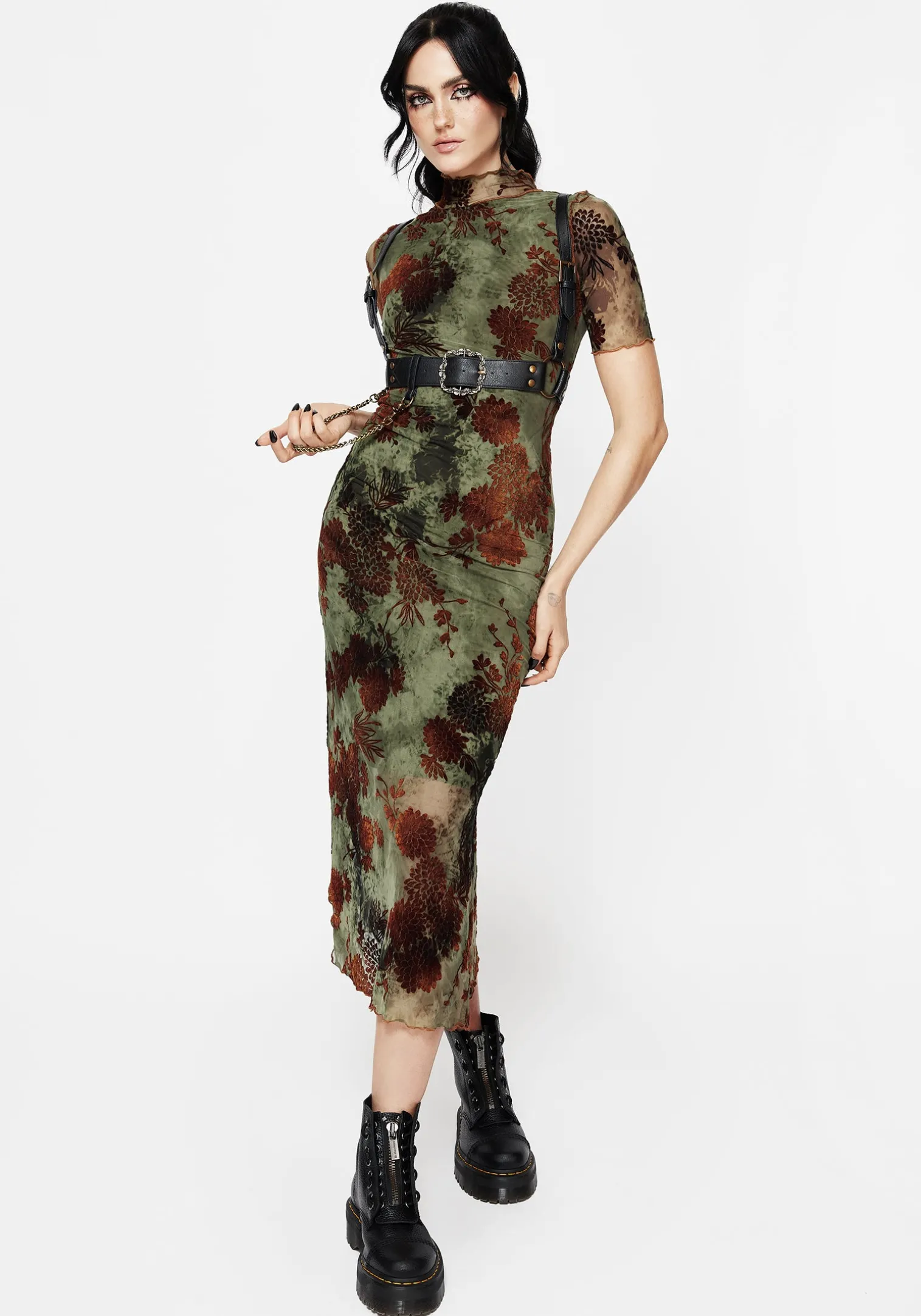 Rosaleigh Flock Velour Mesh Short Sleeved Midaxi Dress