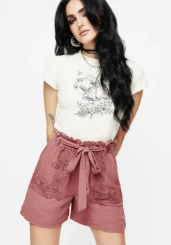 Rosamoth Applique Trim Cotton Tie Waist Shorts