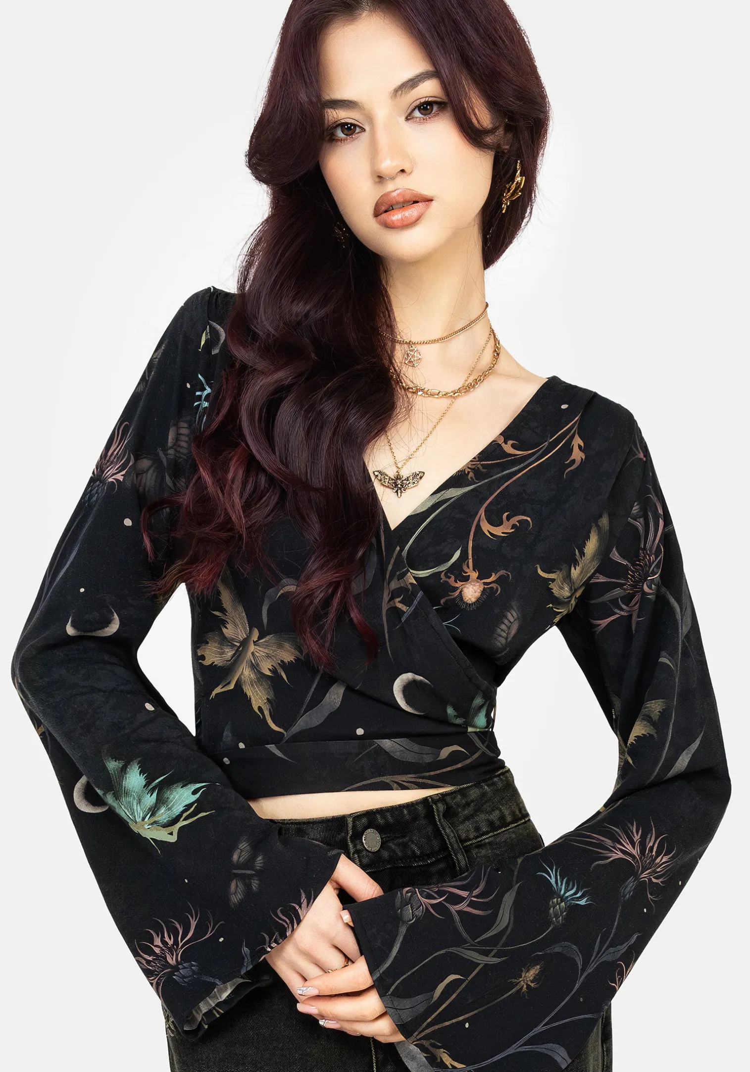 Rosanella Floral Print Flare Sleeve Wrap Top