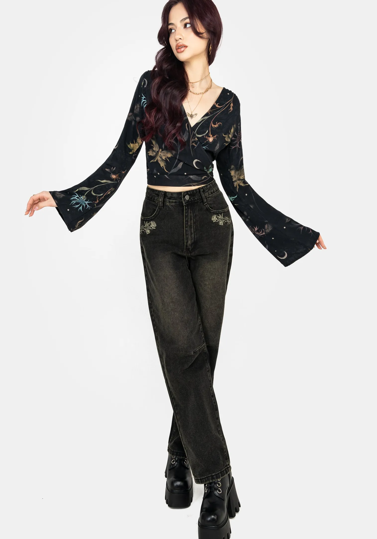 Rosanella Floral Print Flare Sleeve Wrap Top