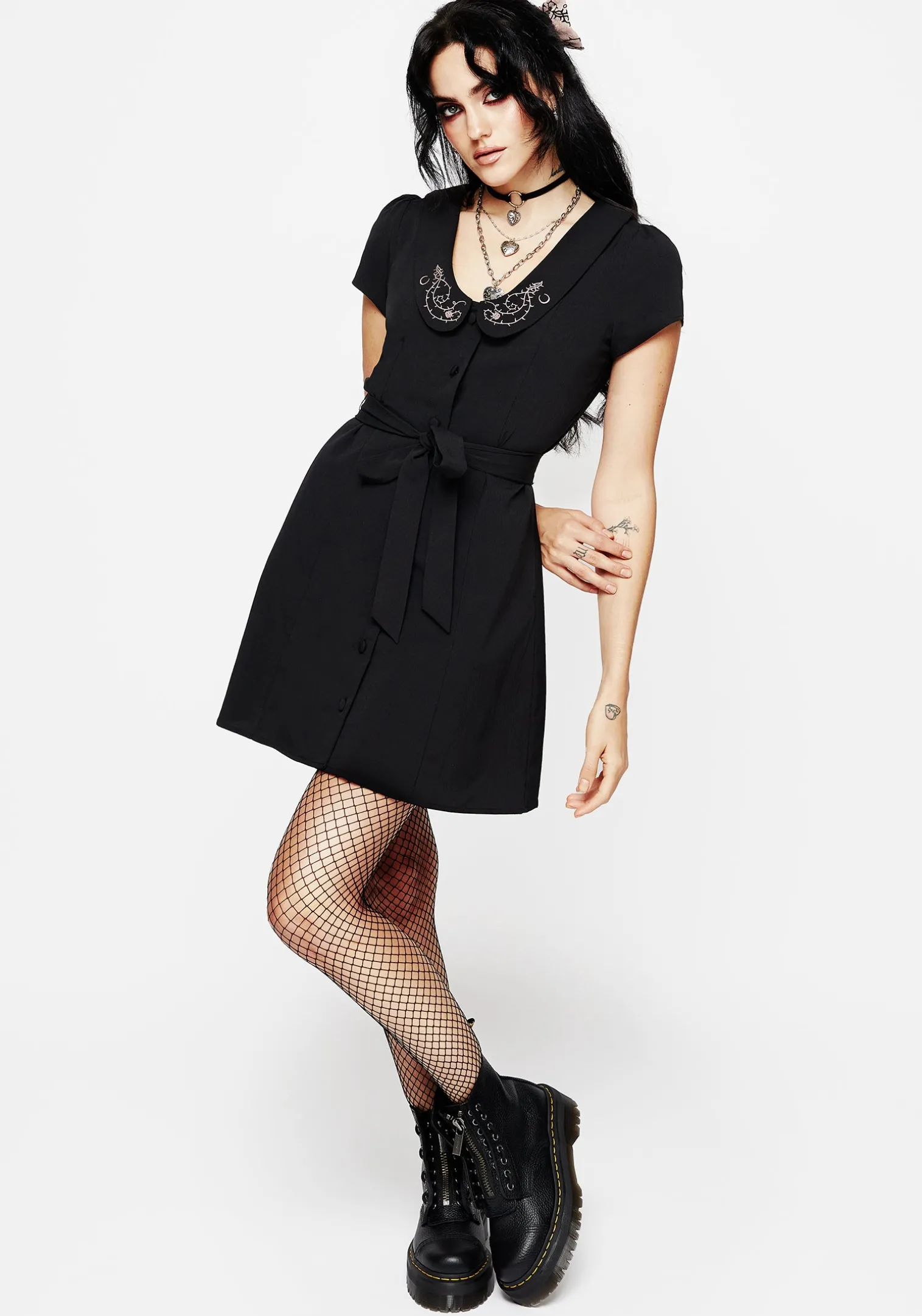 Rosethorn Embroidered Collar Mini Shirt Dress