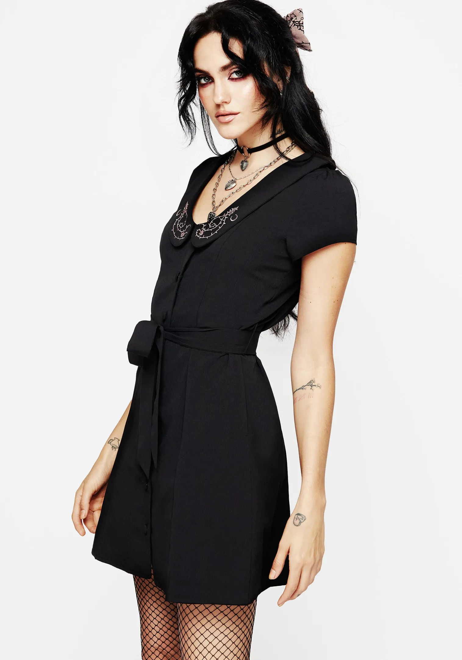 Rosethorn Embroidered Collar Mini Shirt Dress