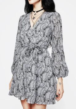Rosethorn Flocked Velour Chiffon Faux Wrap Mini Dress - Blue