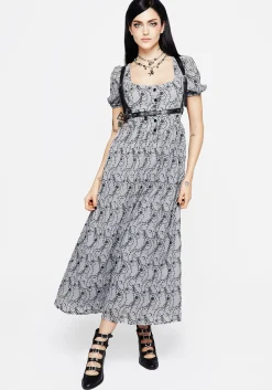 Rosethorn Flocked Velour Puff Sleeve Midaxi Dress - Blue