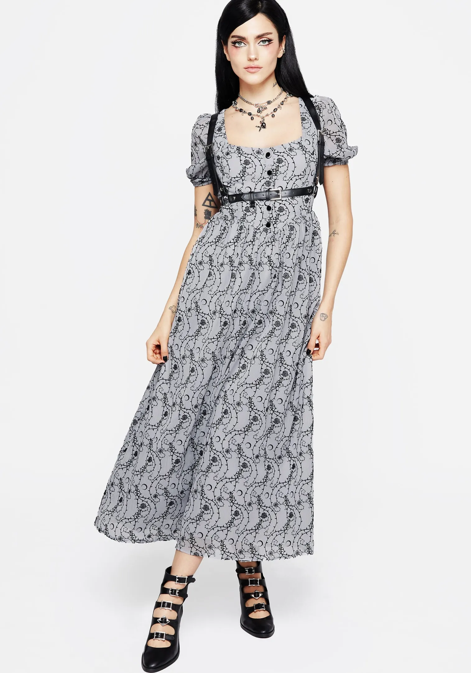 Rosethorn Flocked Velour Puff Sleeve Midaxi Dress - Blue