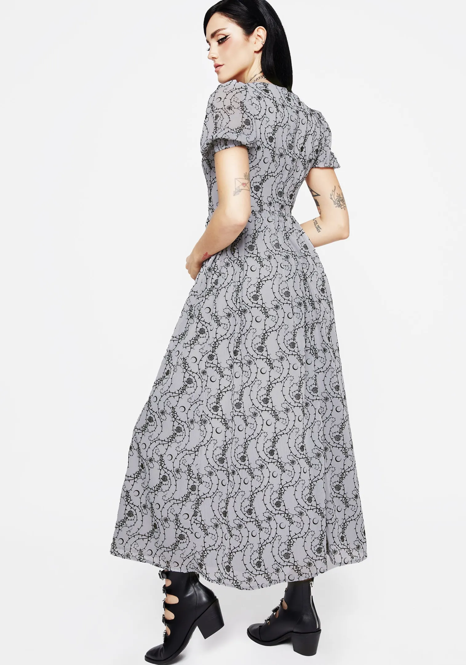 Rosethorn Flocked Velour Puff Sleeve Midaxi Dress - Blue