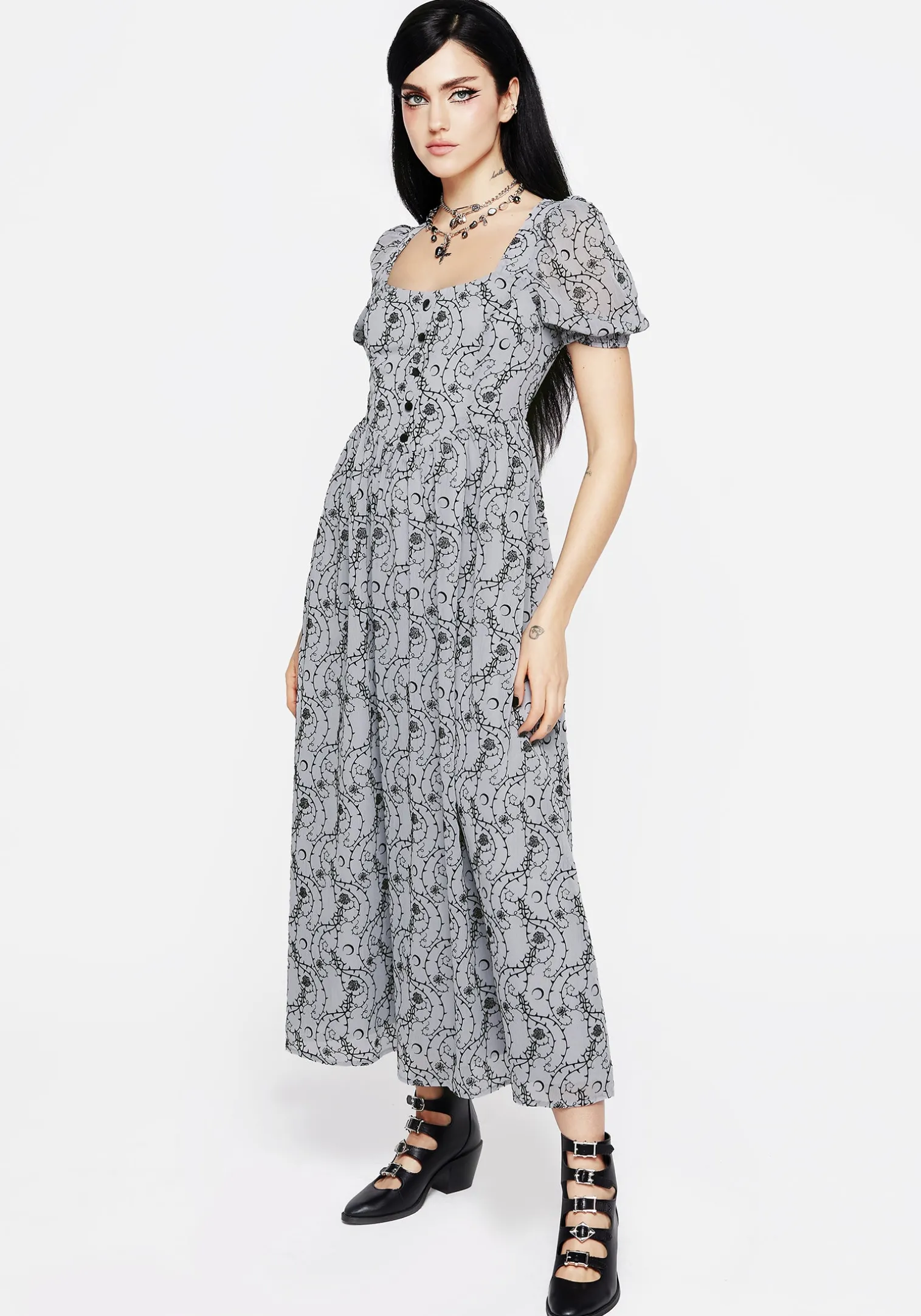 Rosethorn Flocked Velour Puff Sleeve Midaxi Dress - Blue