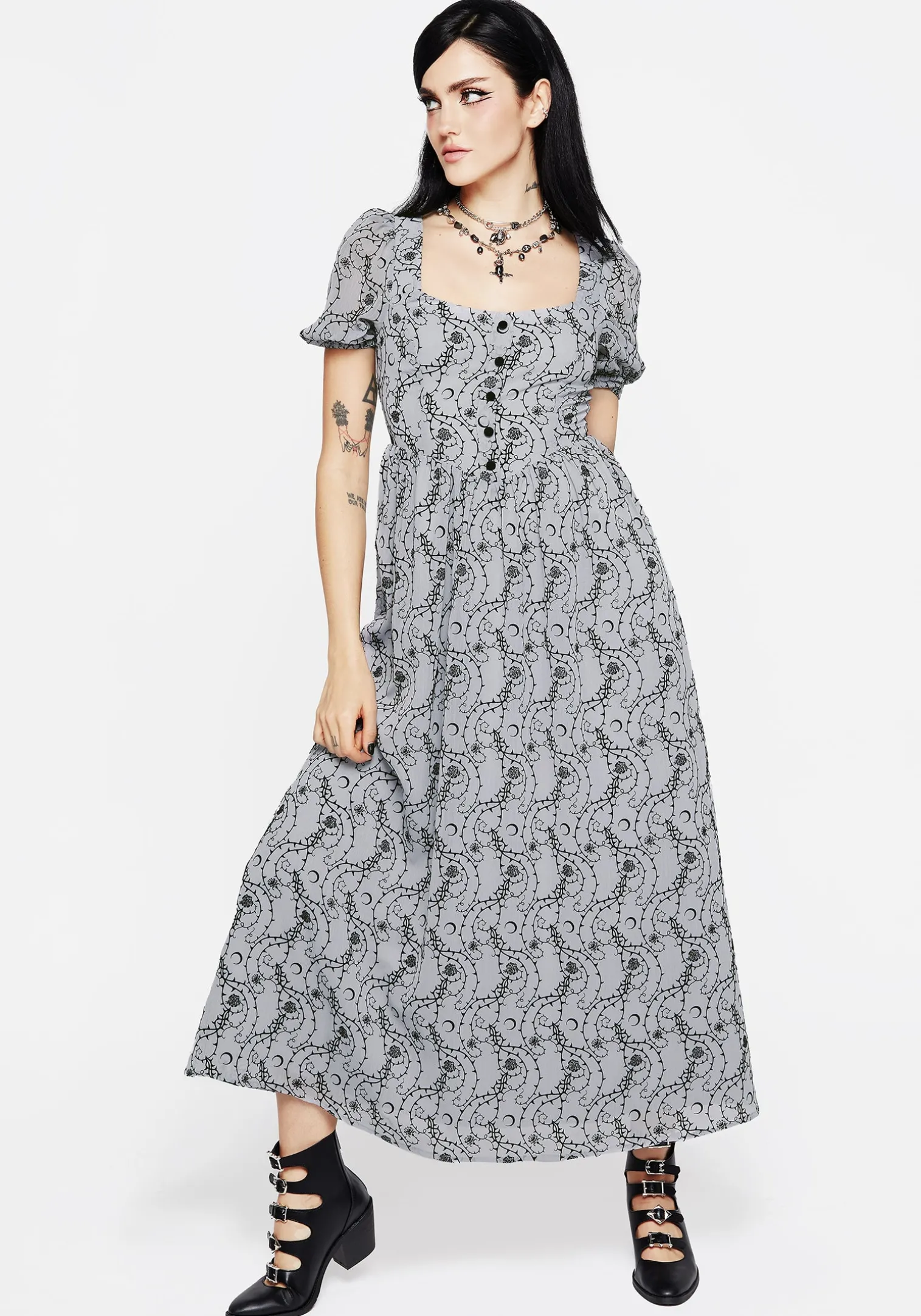Rosethorn Flocked Velour Puff Sleeve Midaxi Dress - Blue