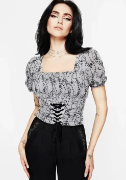 Rosethorn Flocked Velour Chiffon Corset Crop Top - Blue