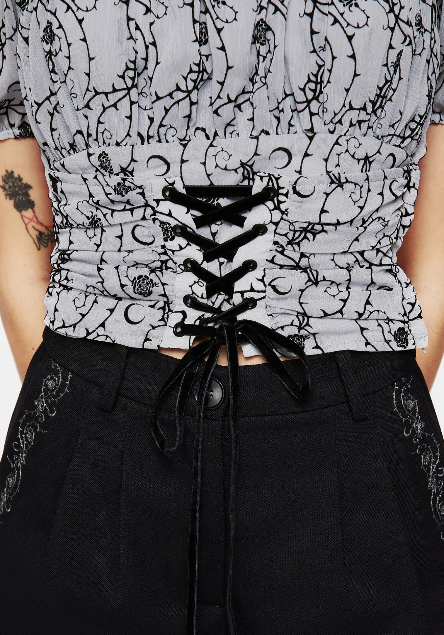 Rosethorn Flocked Velour Chiffon Corset Crop Top - Blue