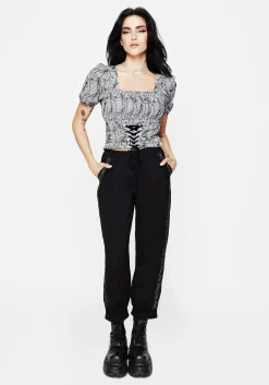 Rosethorn Flocked Velour Chiffon Corset Crop Top - Blue