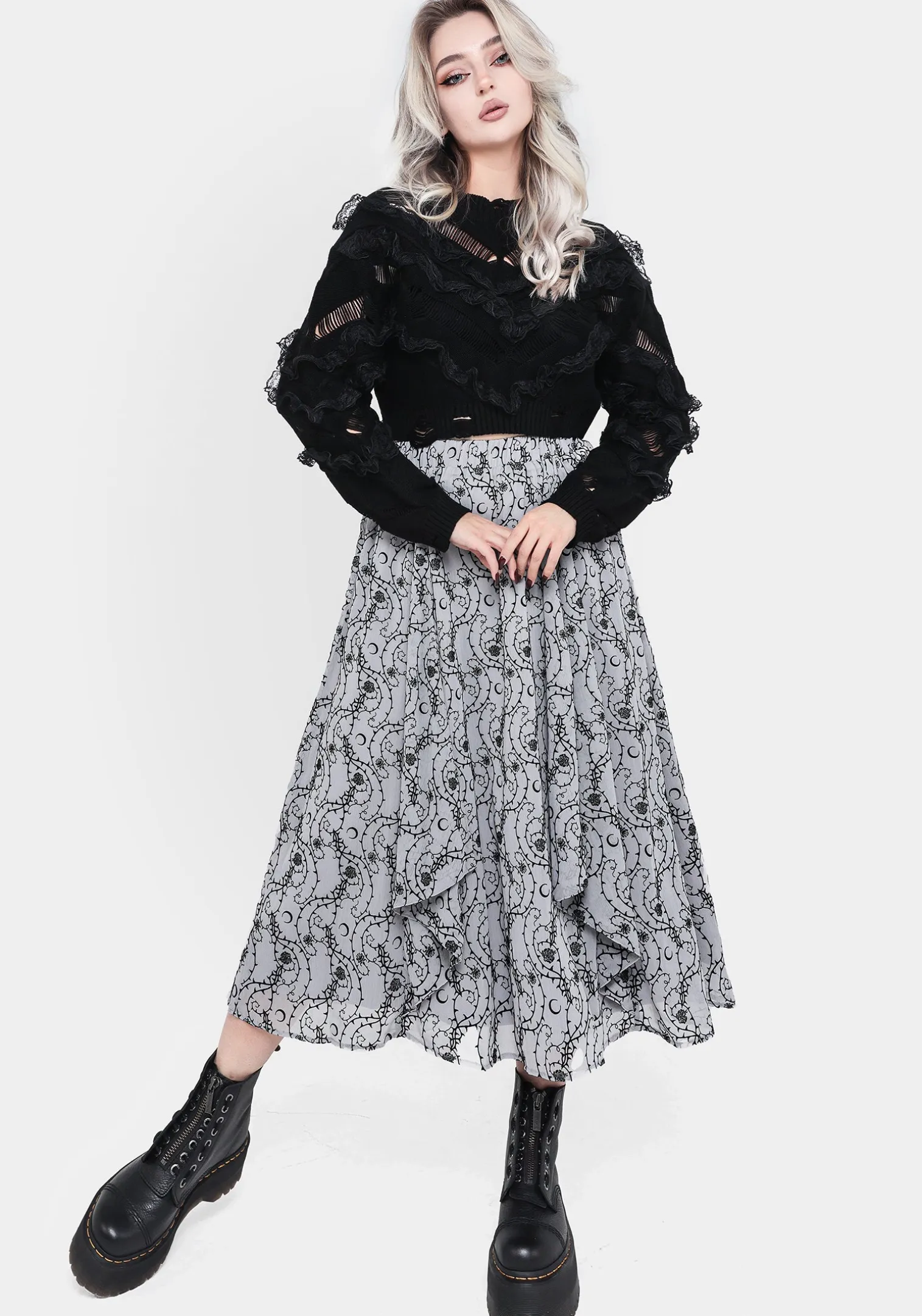 Rosethorn Flocked Velour Chiffon Ruffle Midi Skirt - Blue