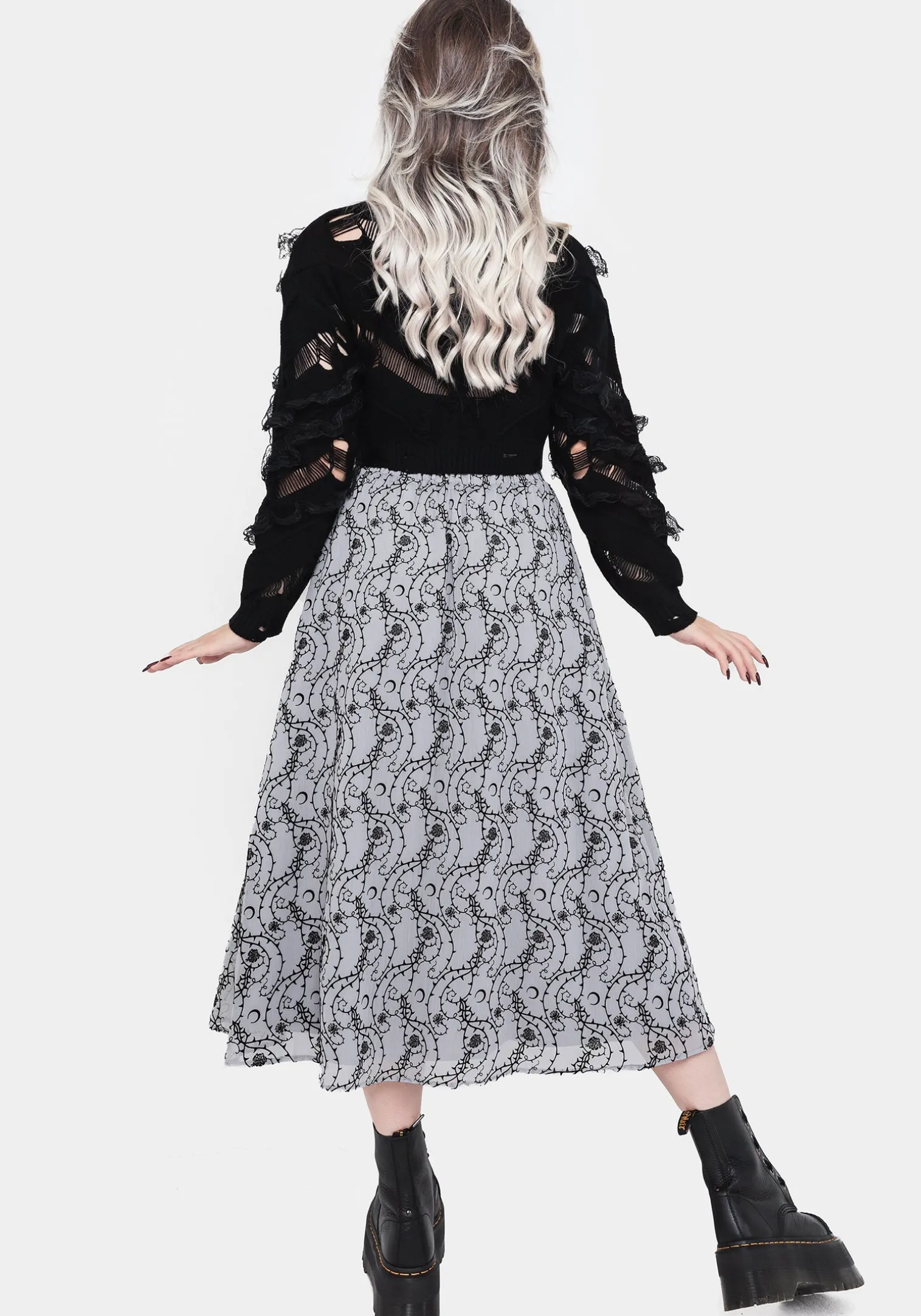 Rosethorn Flocked Velour Chiffon Ruffle Midi Skirt - Blue