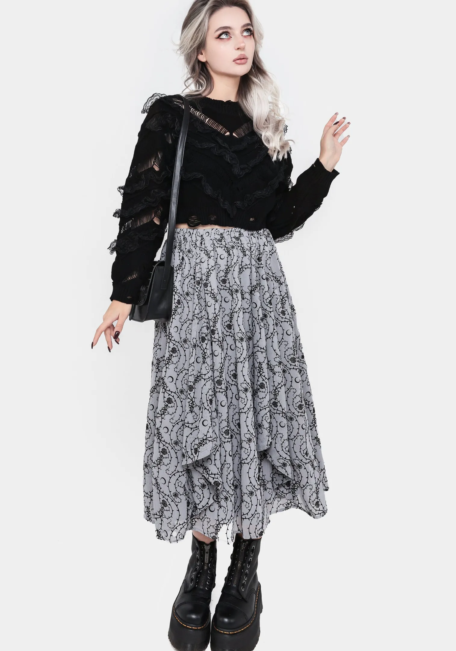 Rosethorn Flocked Velour Chiffon Ruffle Midi Skirt - Blue