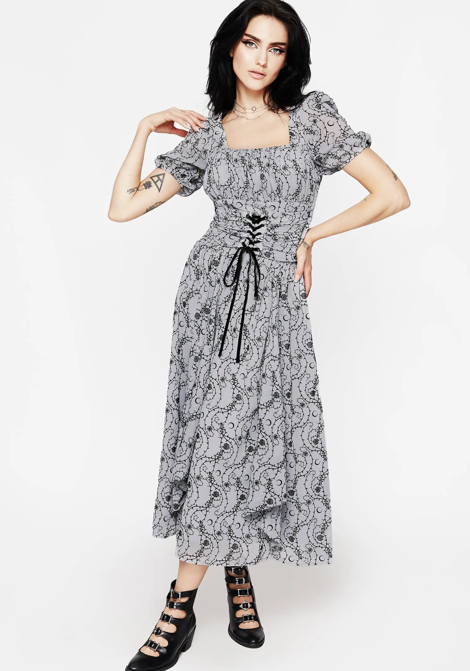 Rosethorn Flocked Velour Chiffon Ruffle Midi Skirt - Blue