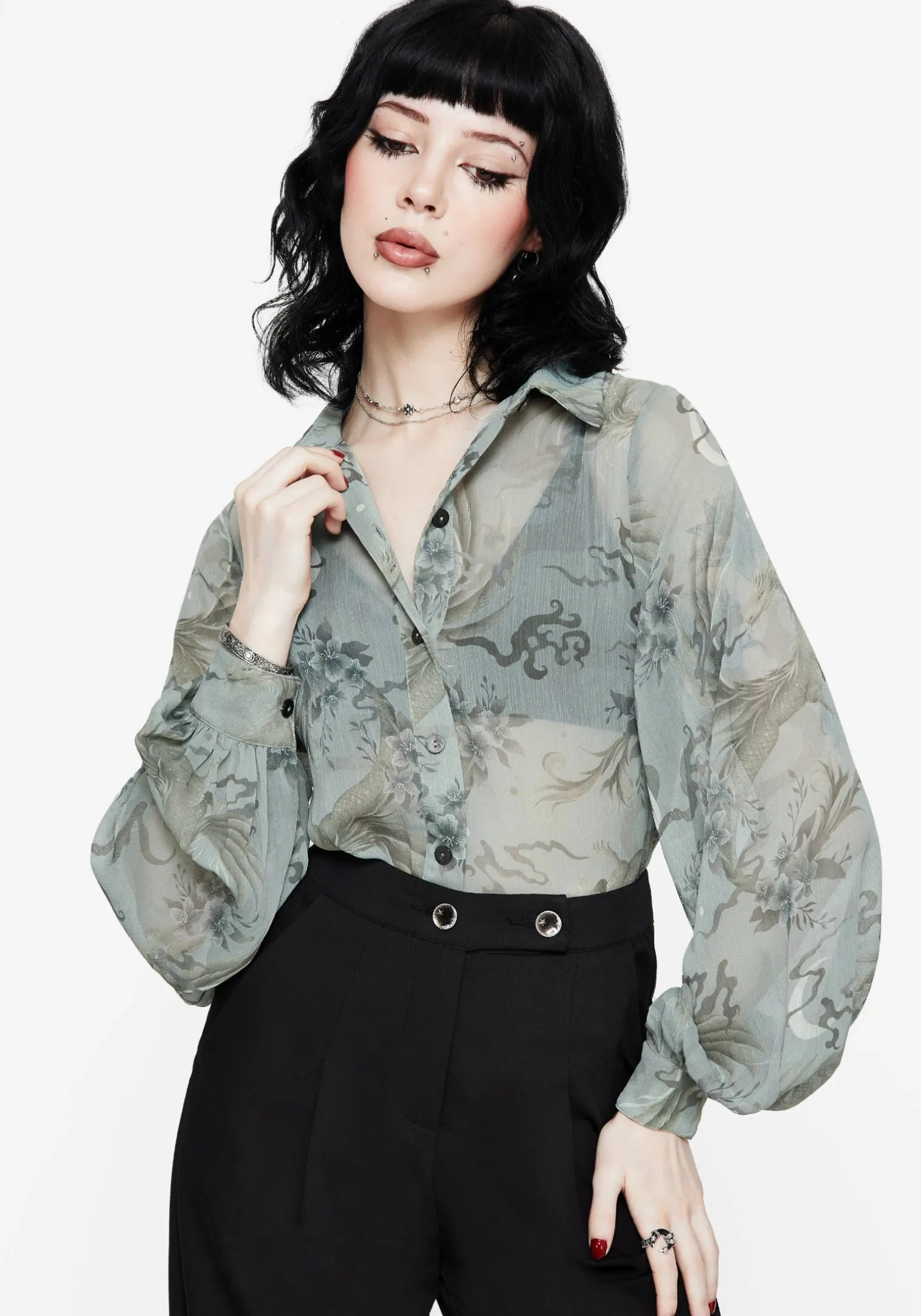 Sapphira Dragon Print Button Up Shirt