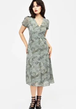 Sapphira Dragon Print Chiffon Button Up Midi Dress