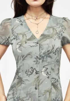 Sapphira Dragon Print Chiffon Button Up Midi Dress