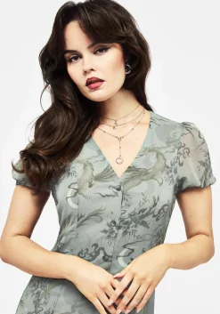 Sapphira Dragon Print Chiffon Button Up Midi Dress