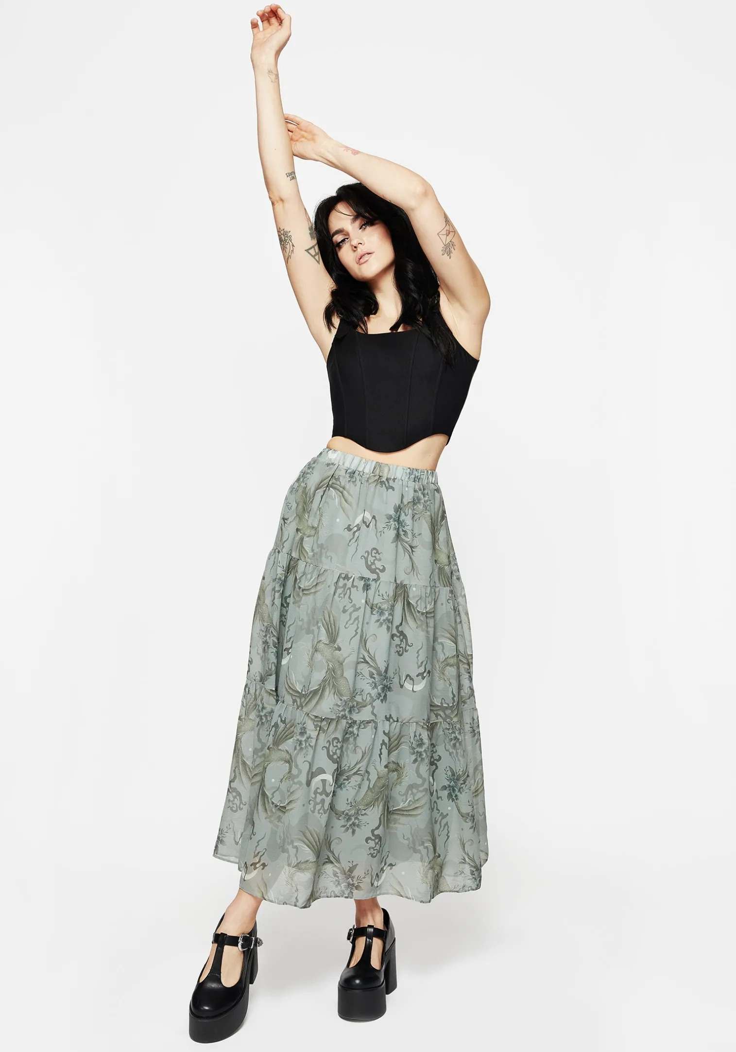 Sapphira Dragon Print Chiffon Tiered Maxi Skirt