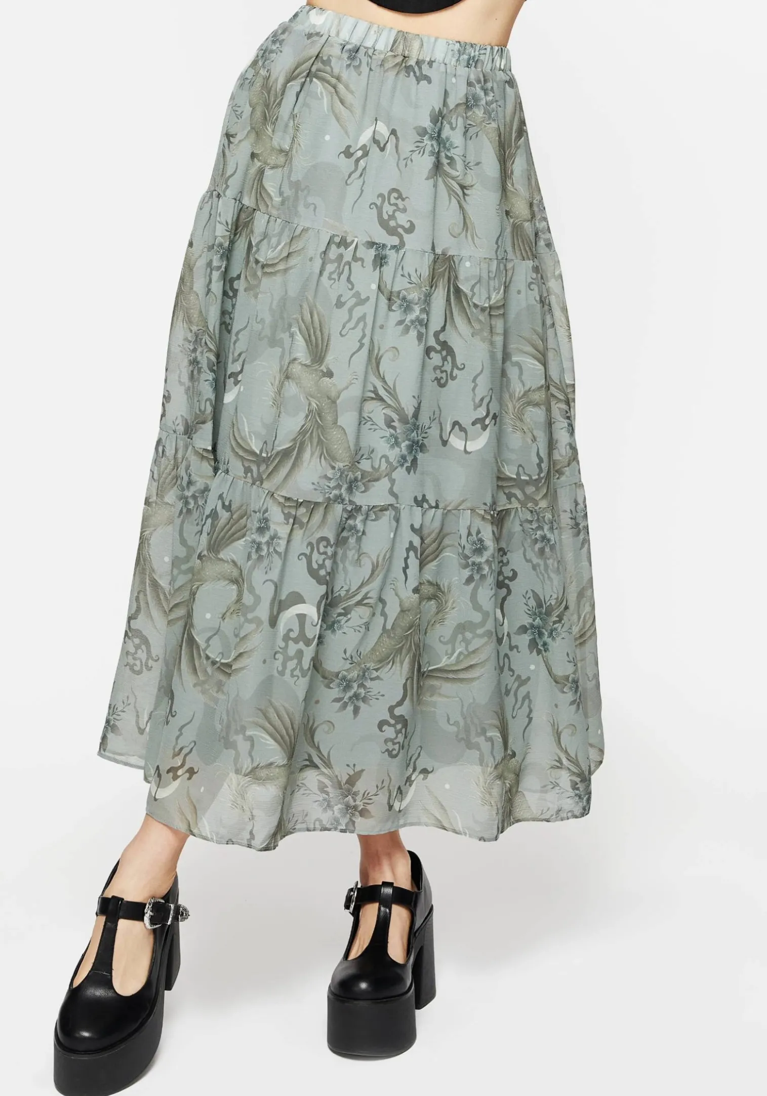 Sapphira Dragon Print Chiffon Tiered Maxi Skirt