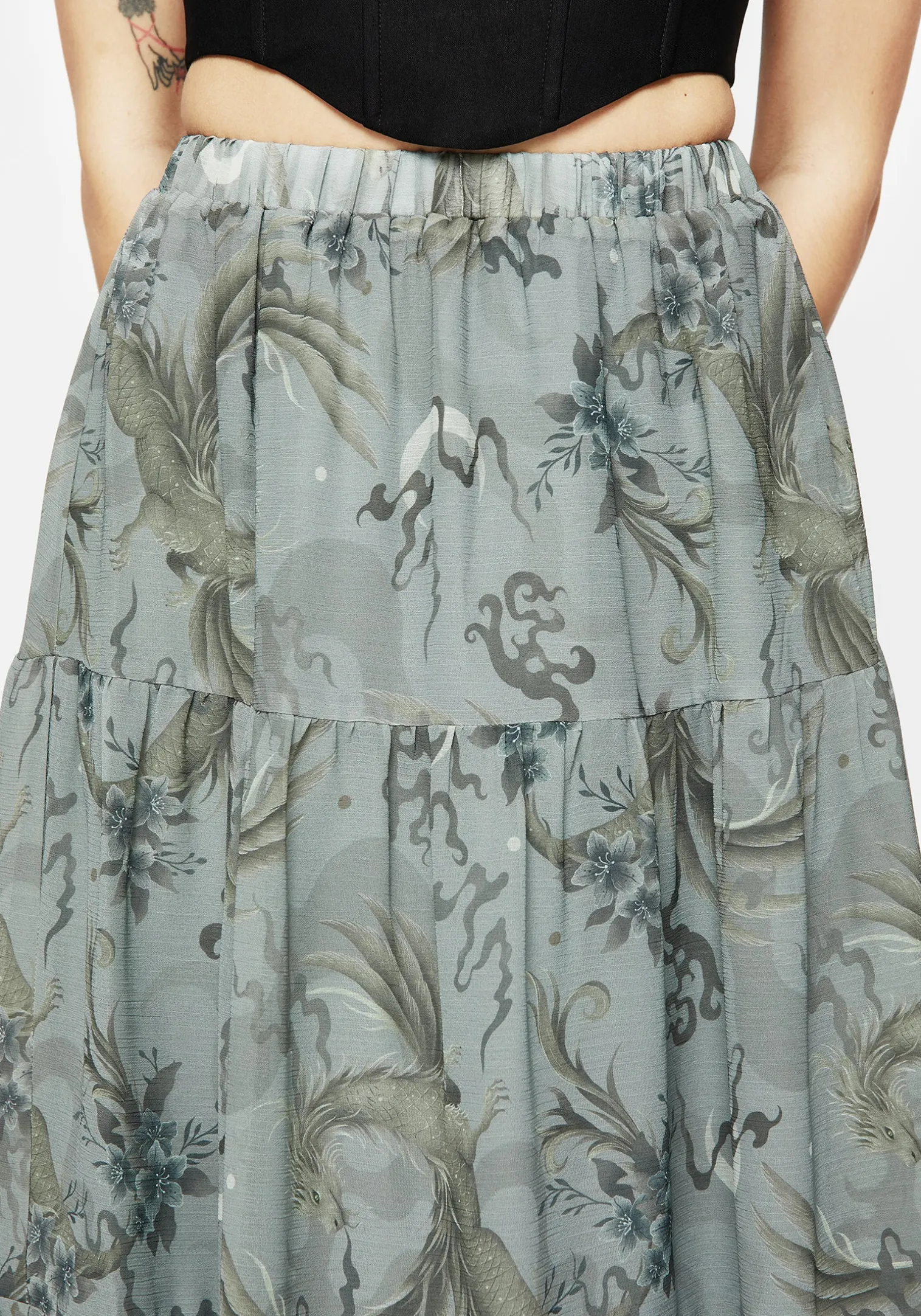 Sapphira Dragon Print Chiffon Tiered Maxi Skirt