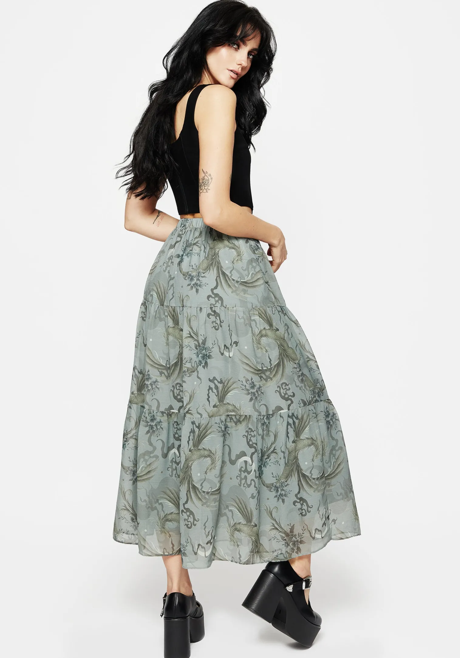 Sapphira Dragon Print Chiffon Tiered Maxi Skirt
