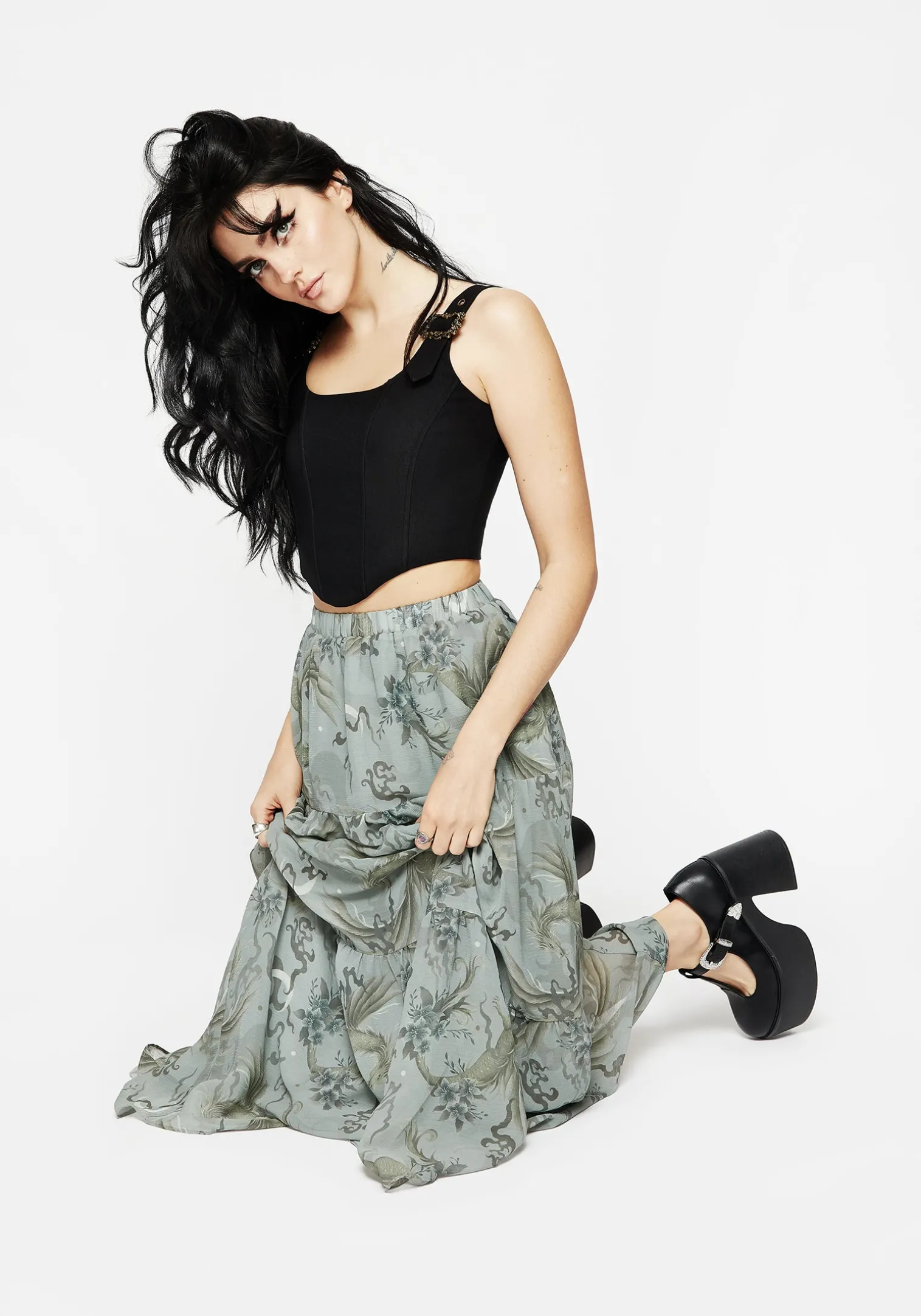 Sapphira Dragon Print Chiffon Tiered Maxi Skirt