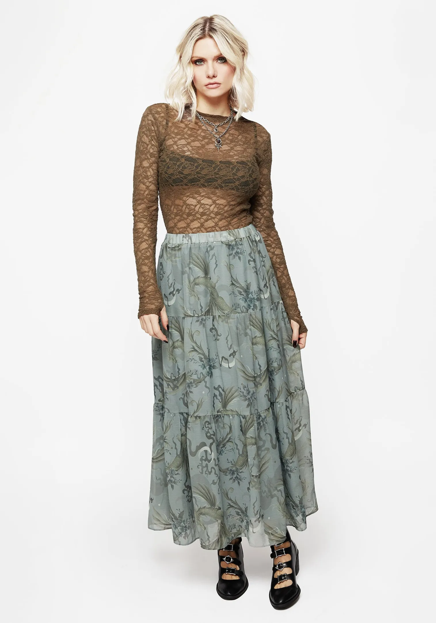 Sapphira Dragon Print Chiffon Tiered Maxi Skirt