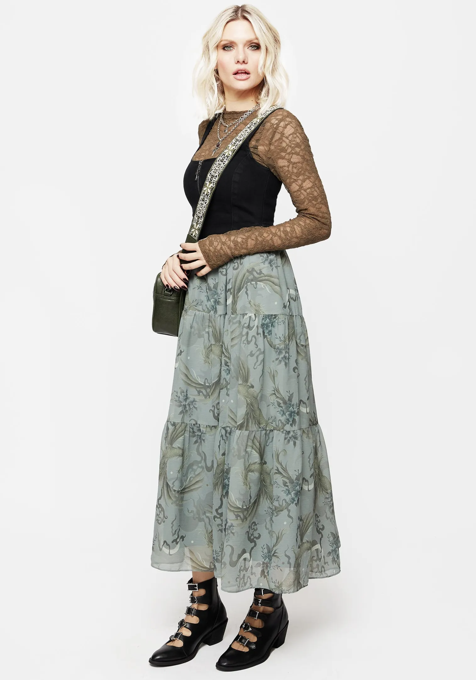 Sapphira Dragon Print Chiffon Tiered Maxi Skirt